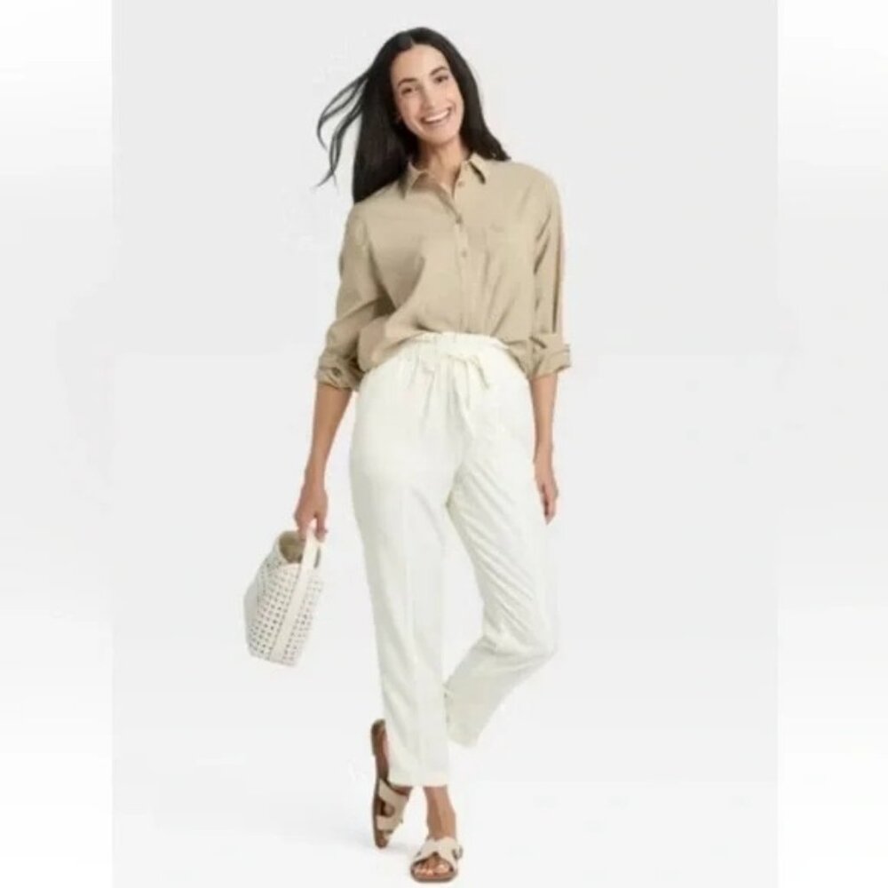 NEW A New Day Oversized Long Sleeve Crinkle Button-Up Shirt - Tan - Size Large